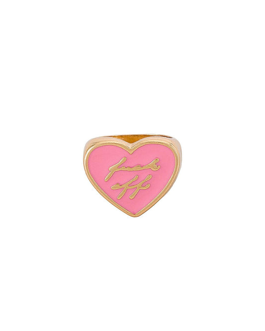 14k gold heart ring. Pink heart with the words 'Fuck off' engraved into the center.