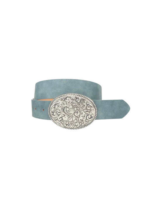 Blue Mesa belt blue colorway detail of engraved silver buckle