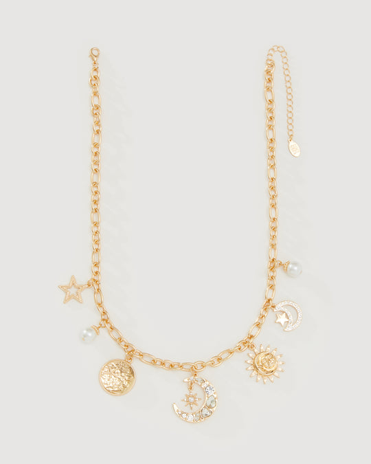 Artemis gold charm necklace on a stainless steel base