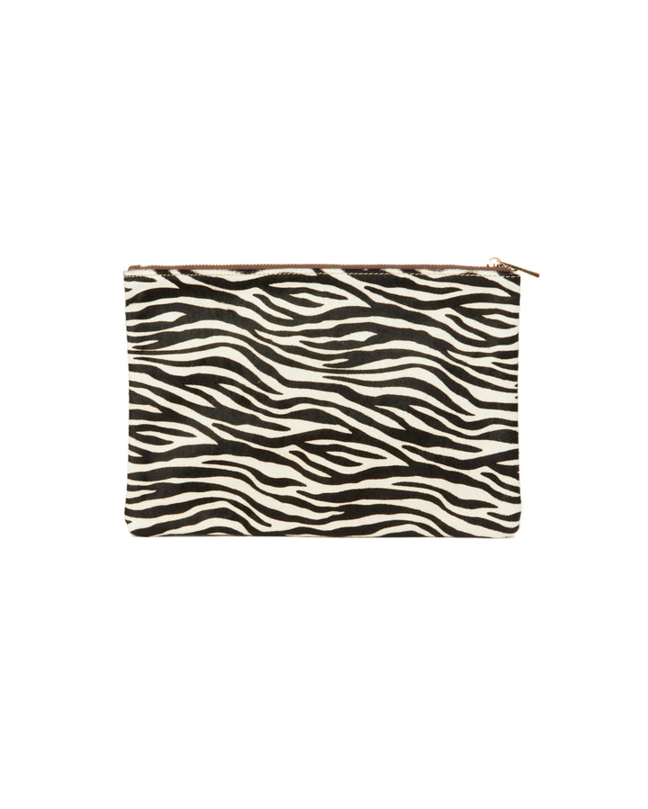 Zebra print pony hair and cowhide pouch with 22K gold plated hardware