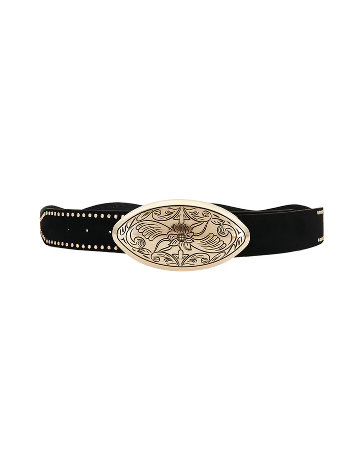 Arizona black concho belt with gold-tone engraved buckle
