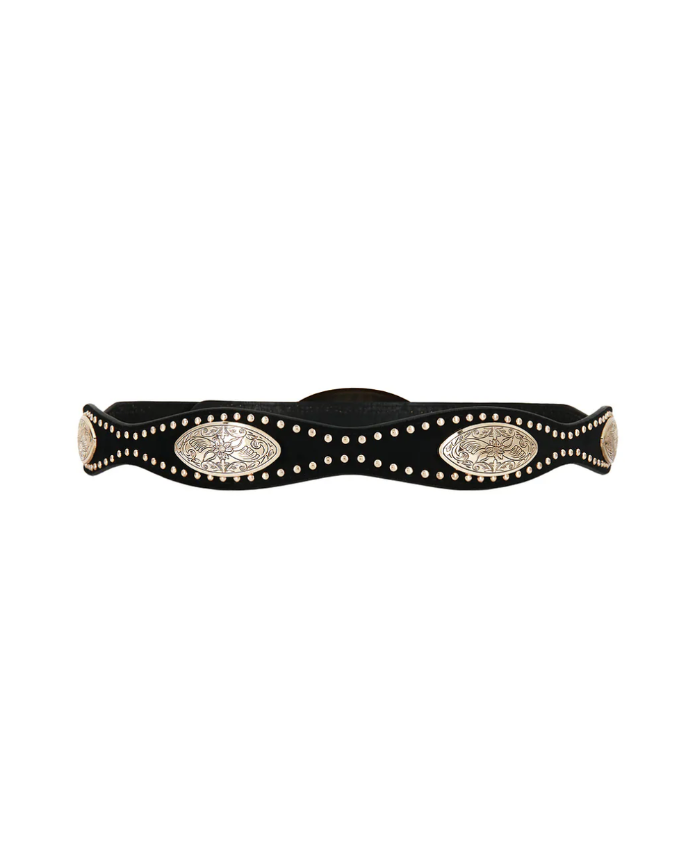 Arizona western belt detail showing studded gold concho hardware
