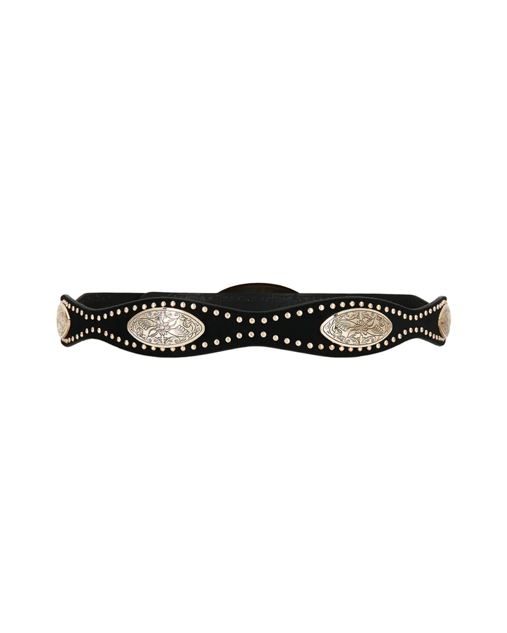 Arizona western belt detail showing studded gold concho hardware