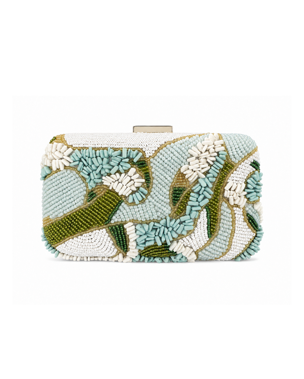 Beaded floral clutch in green multi, a hard-case clutch hand-beaded in sage, aqua, olive and cream with a top clasp
