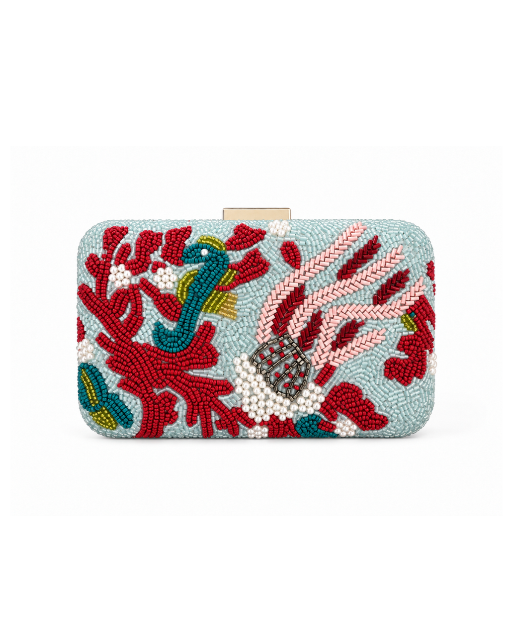 Beaded sea clutch in blue multi, hand-beaded with red coral, a teal seahorse and pearl-white shells on a pale blue ground