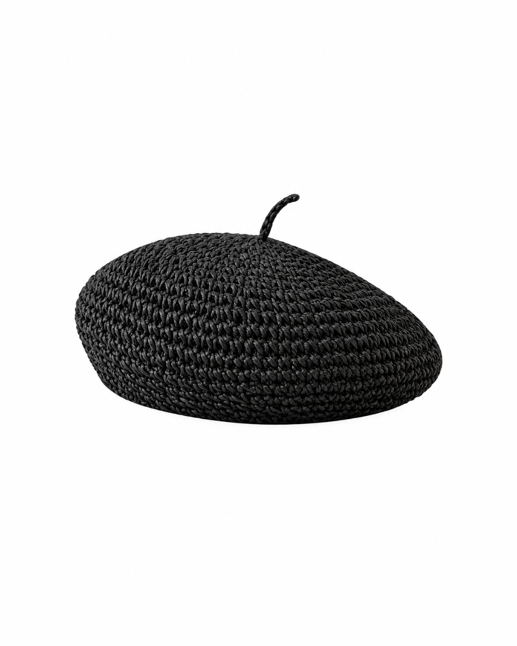 Bissou Beret in black, woven straw-look beret with stem at the crown