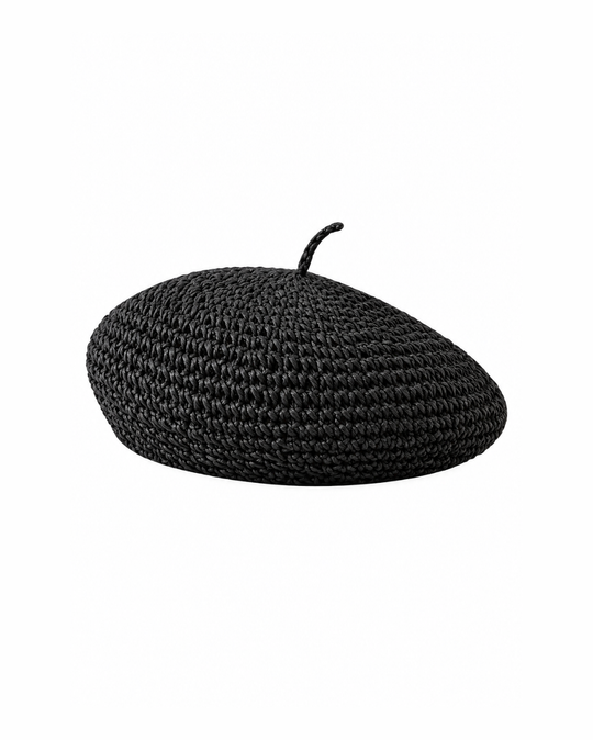 Bissou Beret in black, woven straw-look beret with stem at the crown