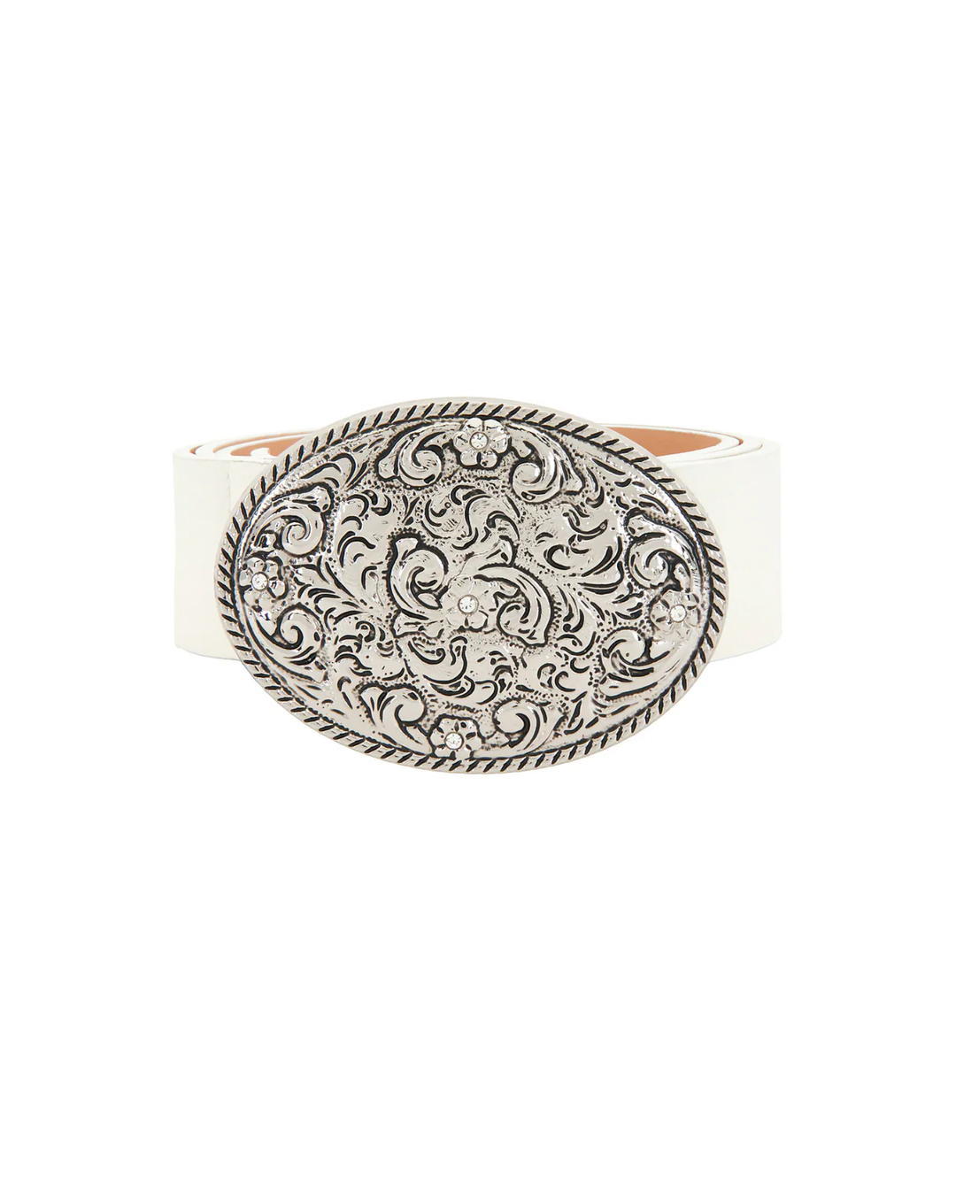 Blue Mesa off white vegan leather belt full length view