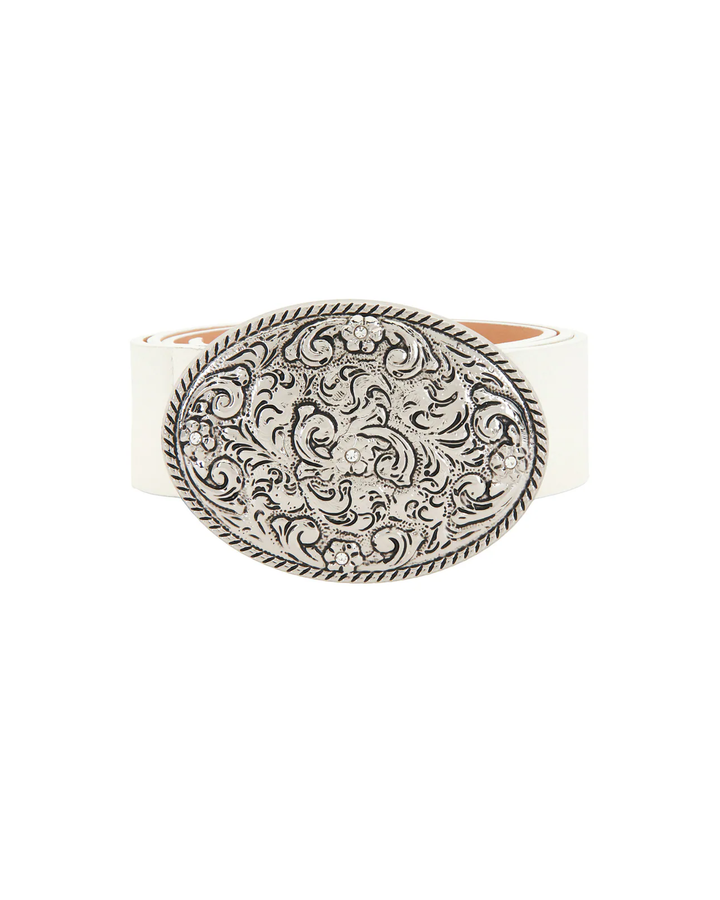 Blue Mesa off white vegan leather belt full length view