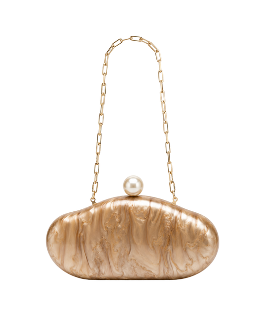 Opaline Clutch in marbled acrylic – sculptural clutch with gold chain strap