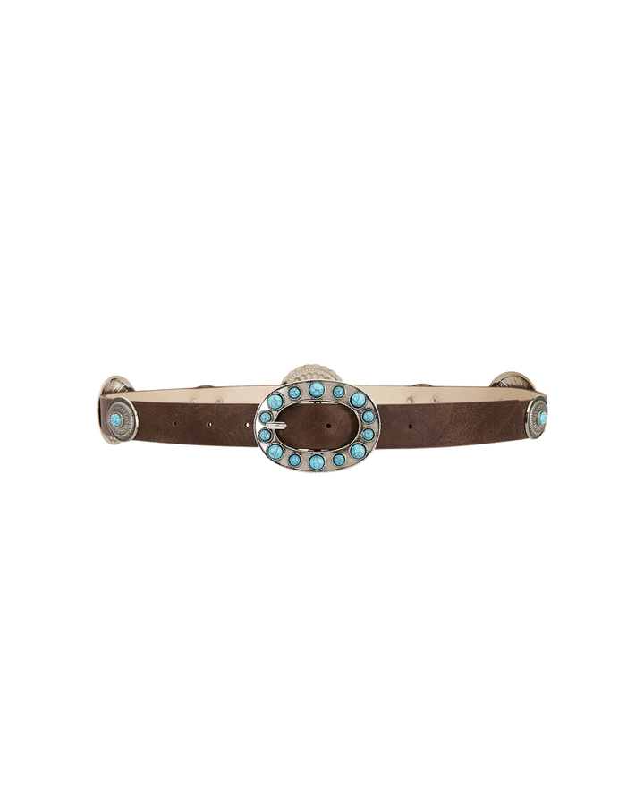 Ella Buckle Belt – dark brown western belt with turquoise stone oval buckle