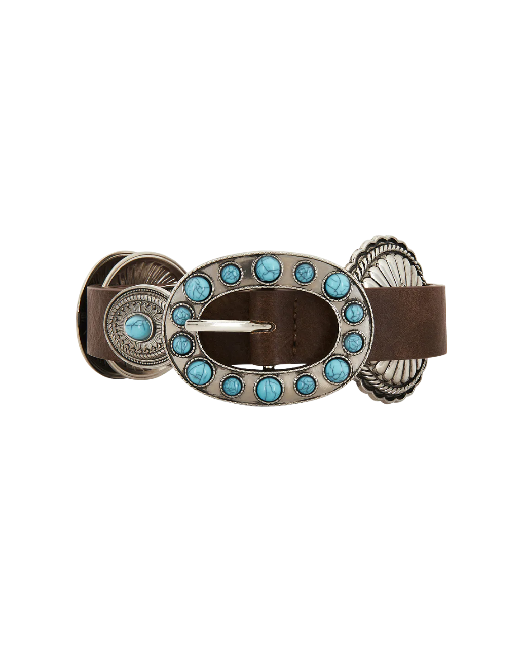 Close-up of Ella Buckle Belt oval silver-toned buckle set with turquoise-toned stones