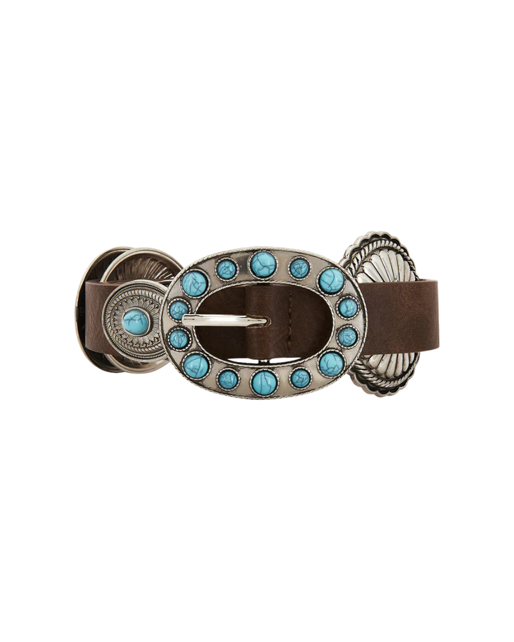Close-up of Ella Buckle Belt oval silver-toned buckle set with turquoise-toned stones