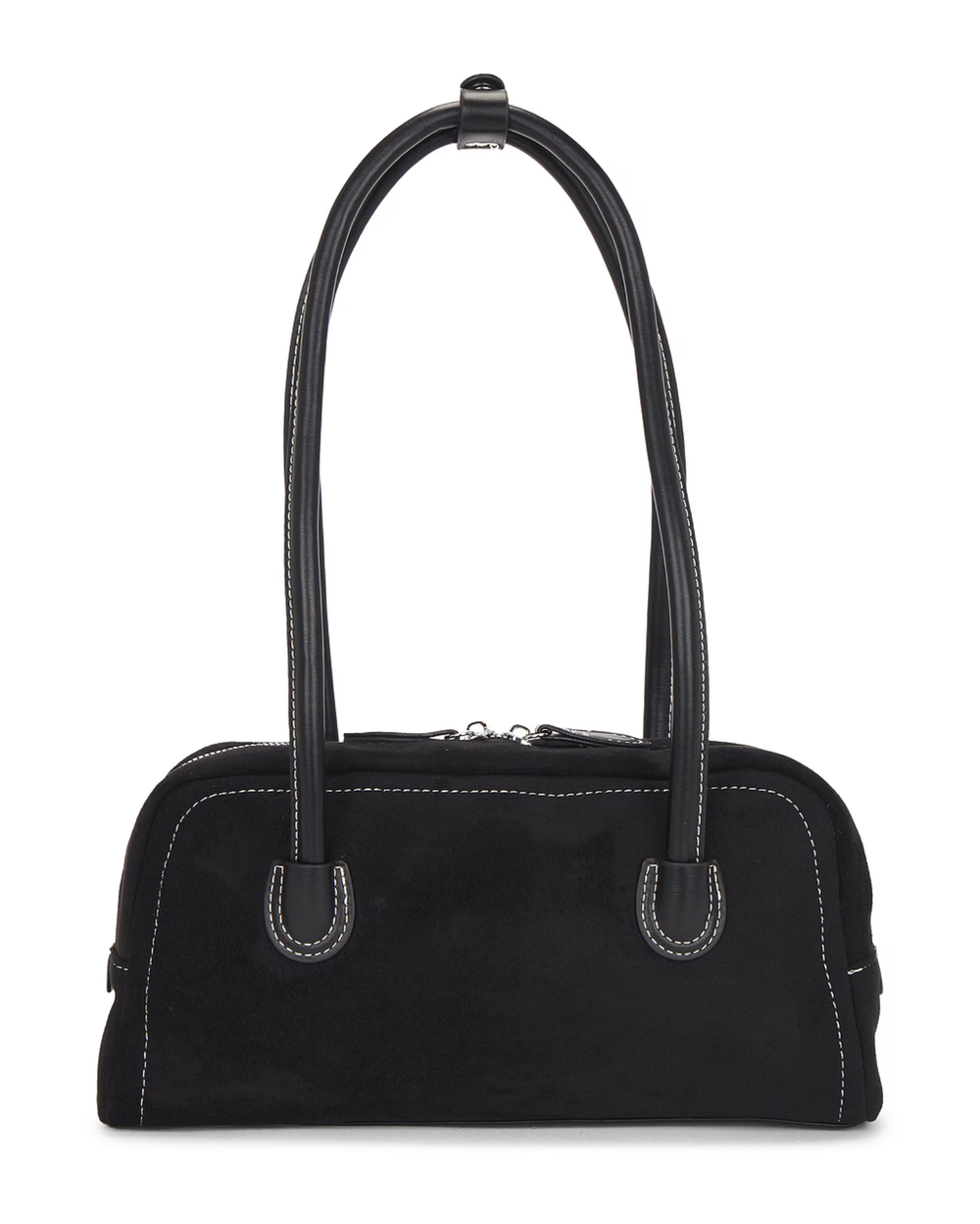 Black faux suede shoulder bag side view showing structured silhouette