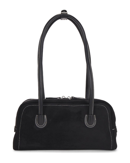 Black faux suede shoulder bag side view showing structured silhouette