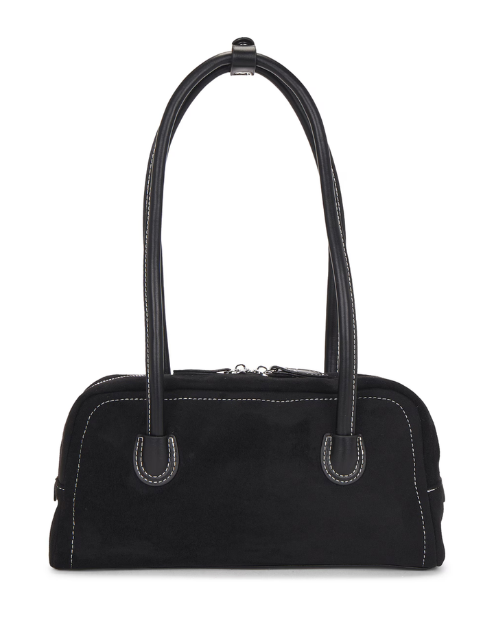 Black faux suede shoulder bag side view showing structured silhouette