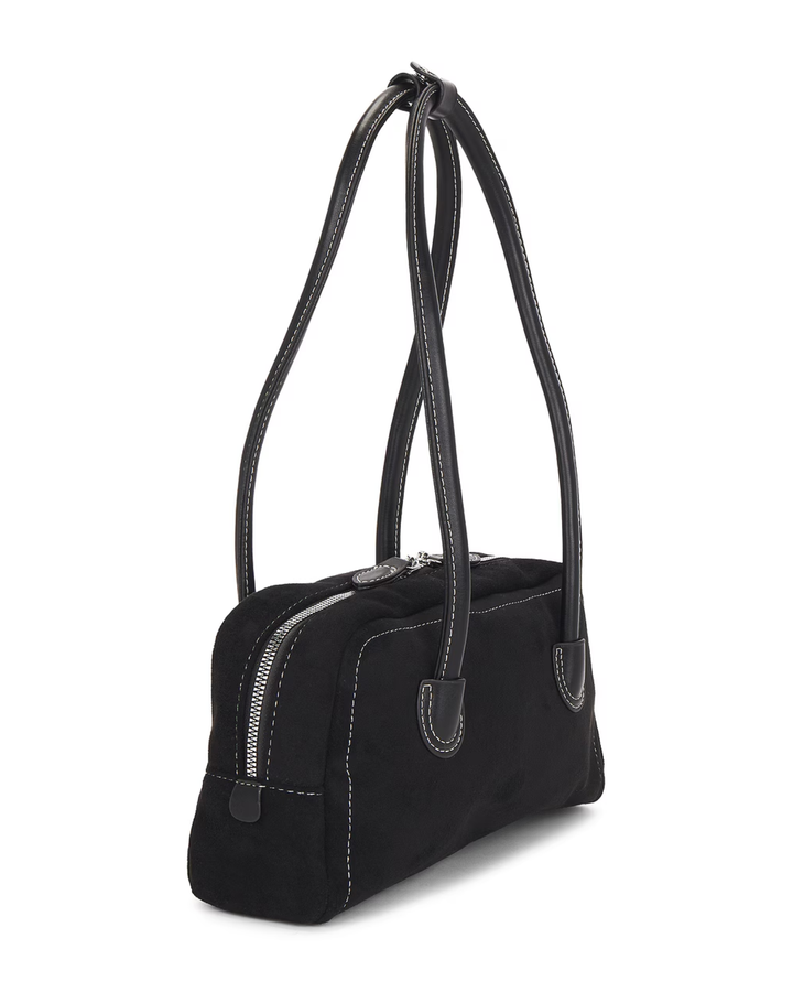 Black suede shoulder bag top zipper closure detail
