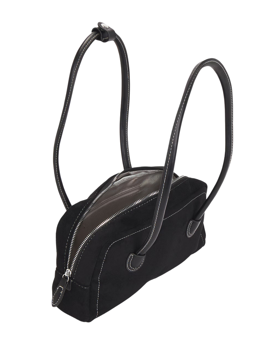 Black faux suede handbag interior with zipper pocket
