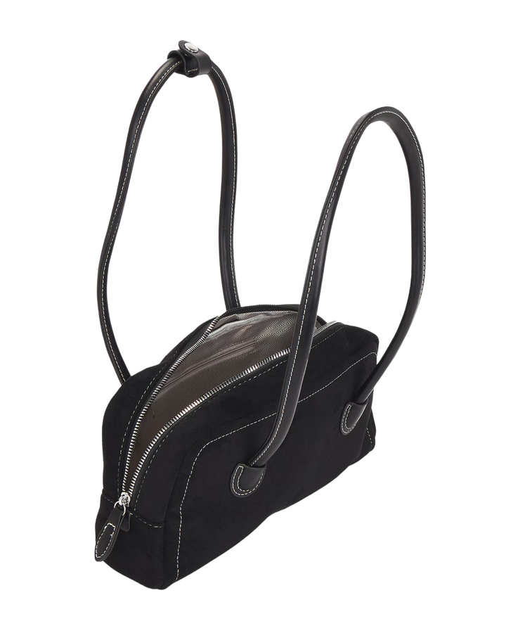Black faux suede handbag interior with zipper pocket