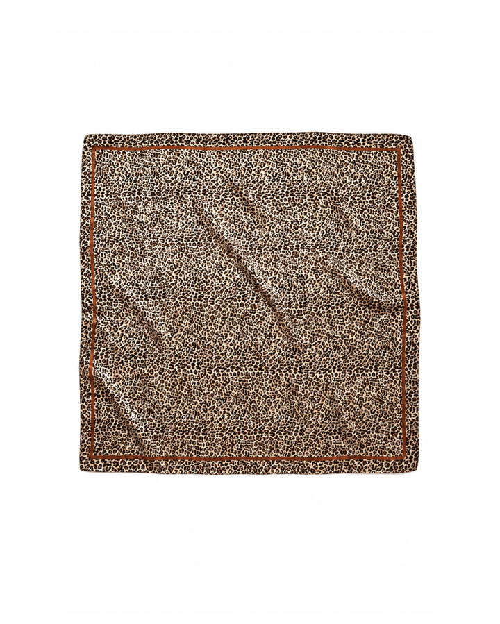 Feline leopard print scarf with a solid cognac border