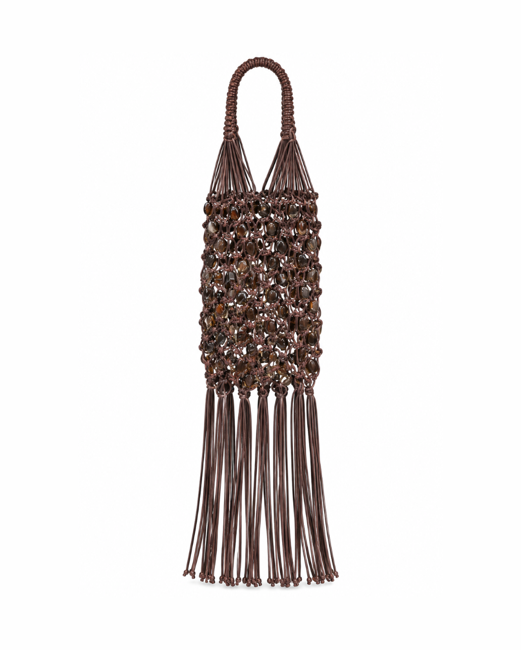 Ios Woven Satchel in Brown, tonal brown knotted beaded bag with long fringe