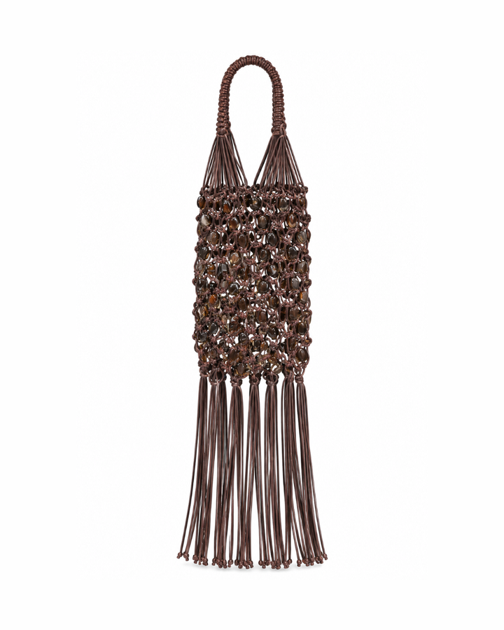 Ios Woven Satchel in Brown, tonal brown knotted beaded bag with long fringe
