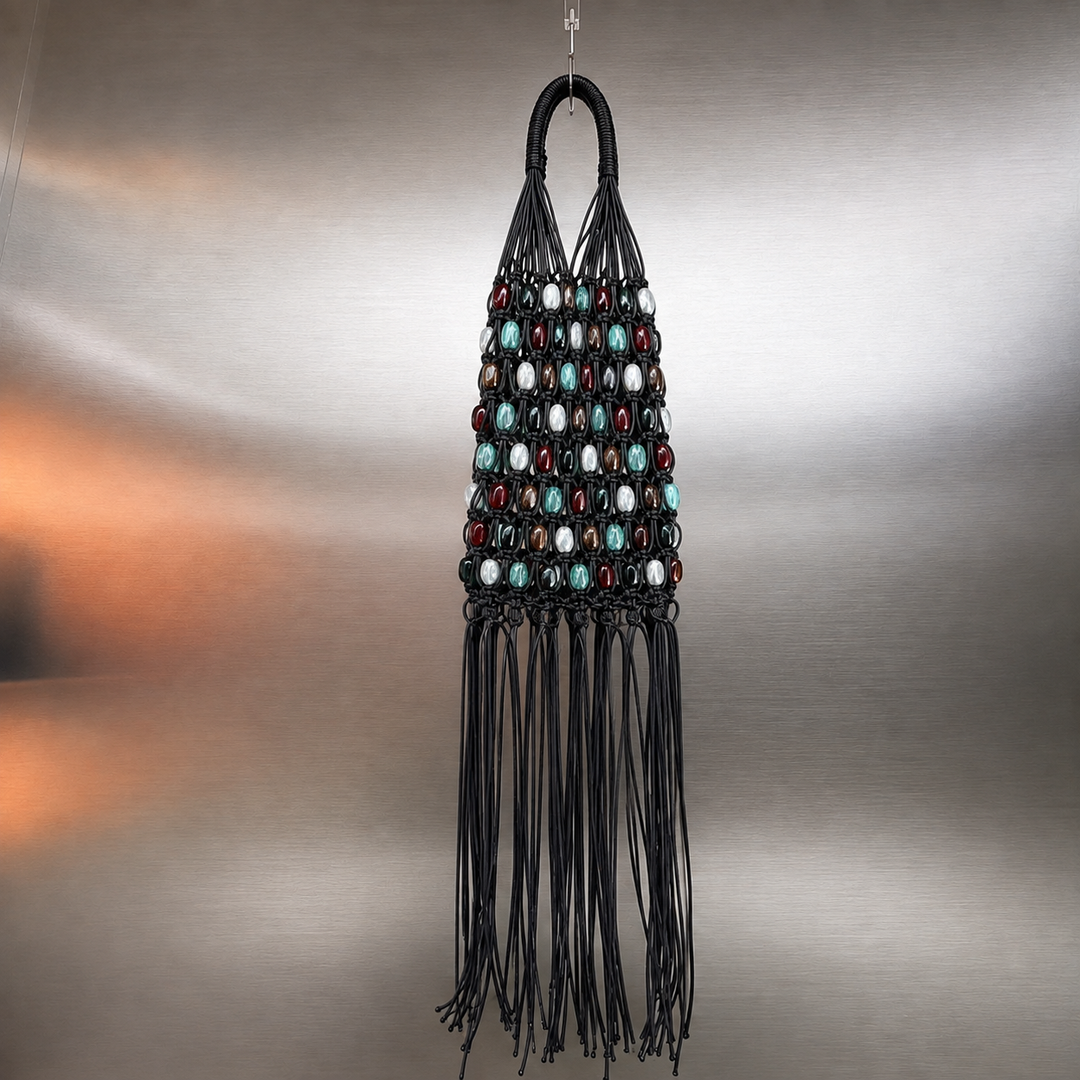 Ios Woven Satchel in Multi Black shown hanging against a metallic backdrop