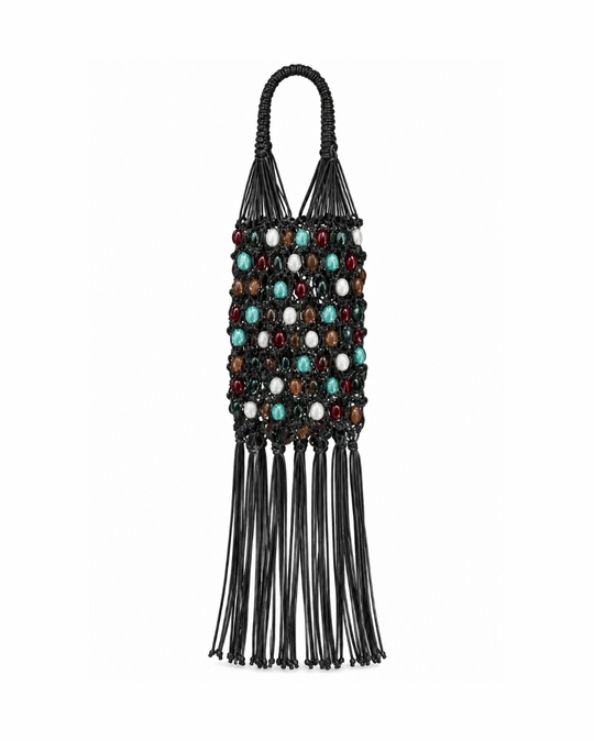 Ios Woven Satchel in Multi Black, black knotted bag with turquoise, red and cream beads and long fringe
