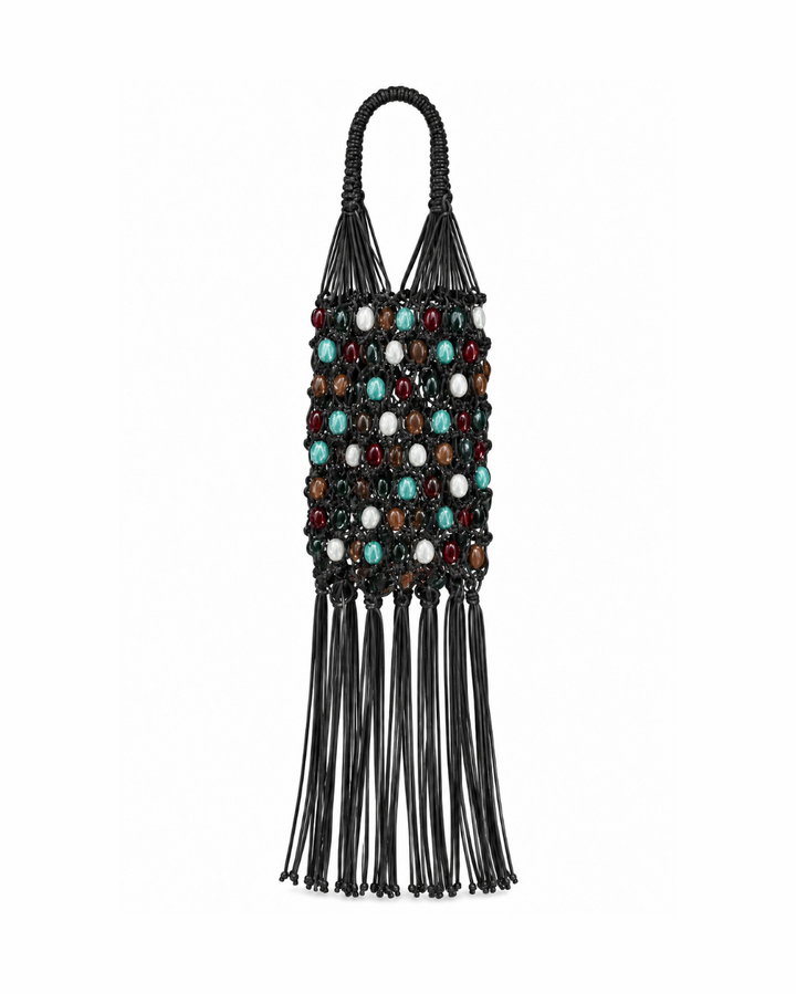 Ios Woven Satchel in Multi Black, black knotted bag with turquoise, red and cream beads and long fringe