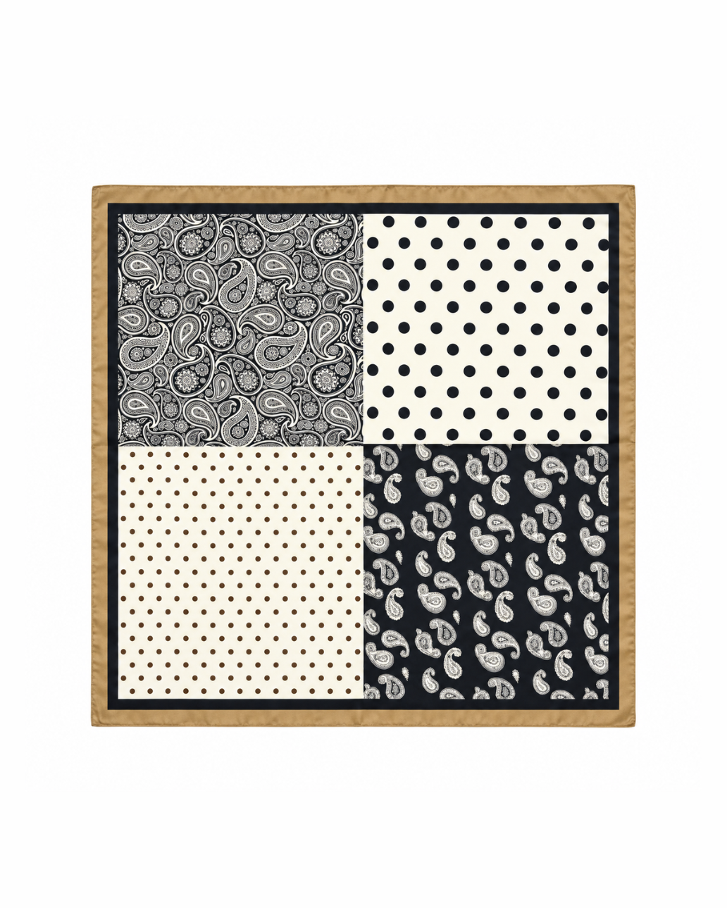 Jennel Scarf, square scarf with black and cream paisley and polka dot panels and tan border