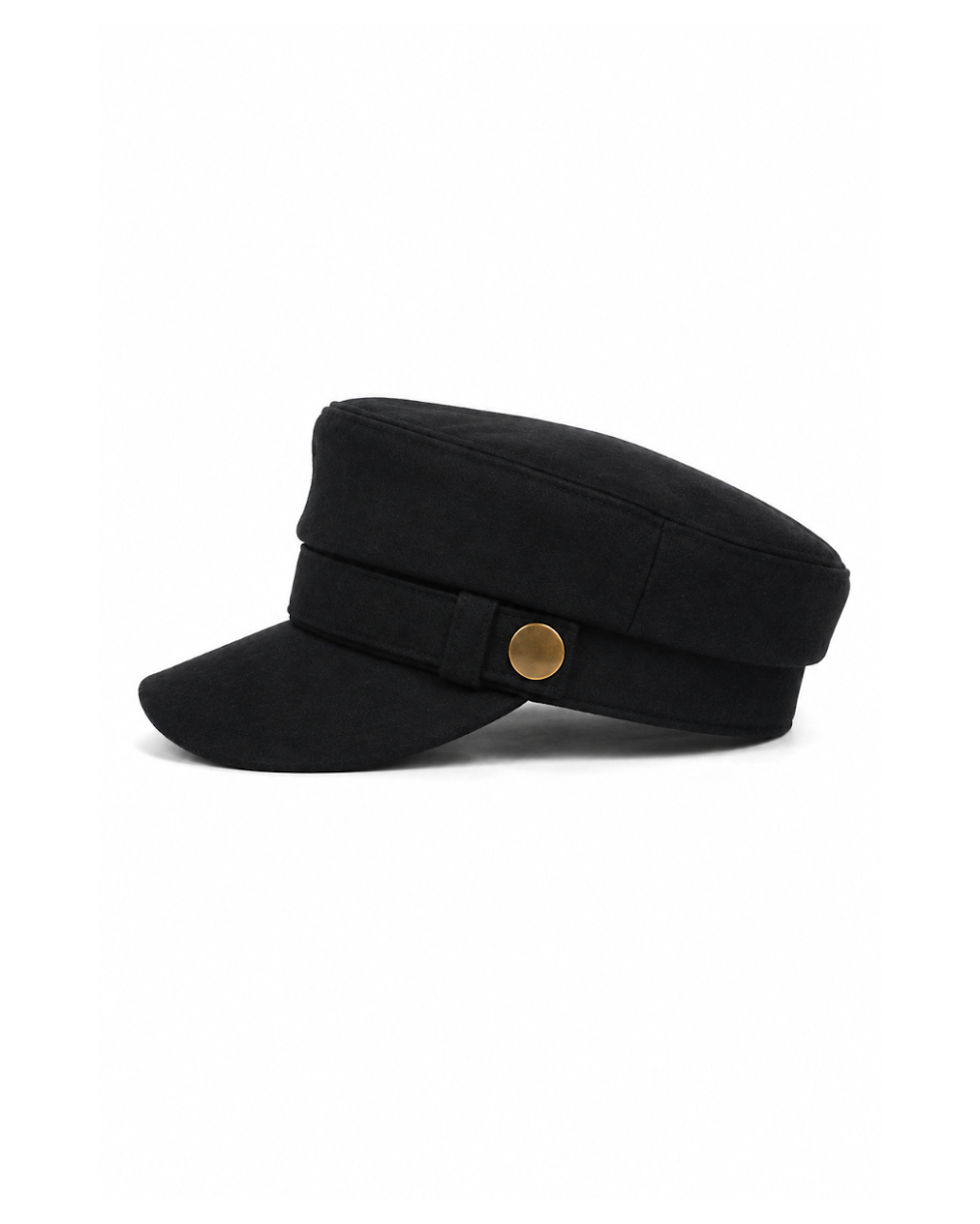 Black wool newsboy cap with 2 inch brim, angled view