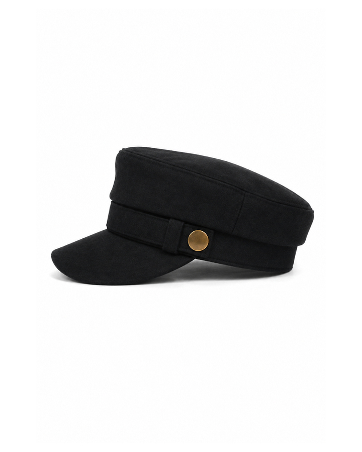 Black wool newsboy cap with 2 inch brim, angled view