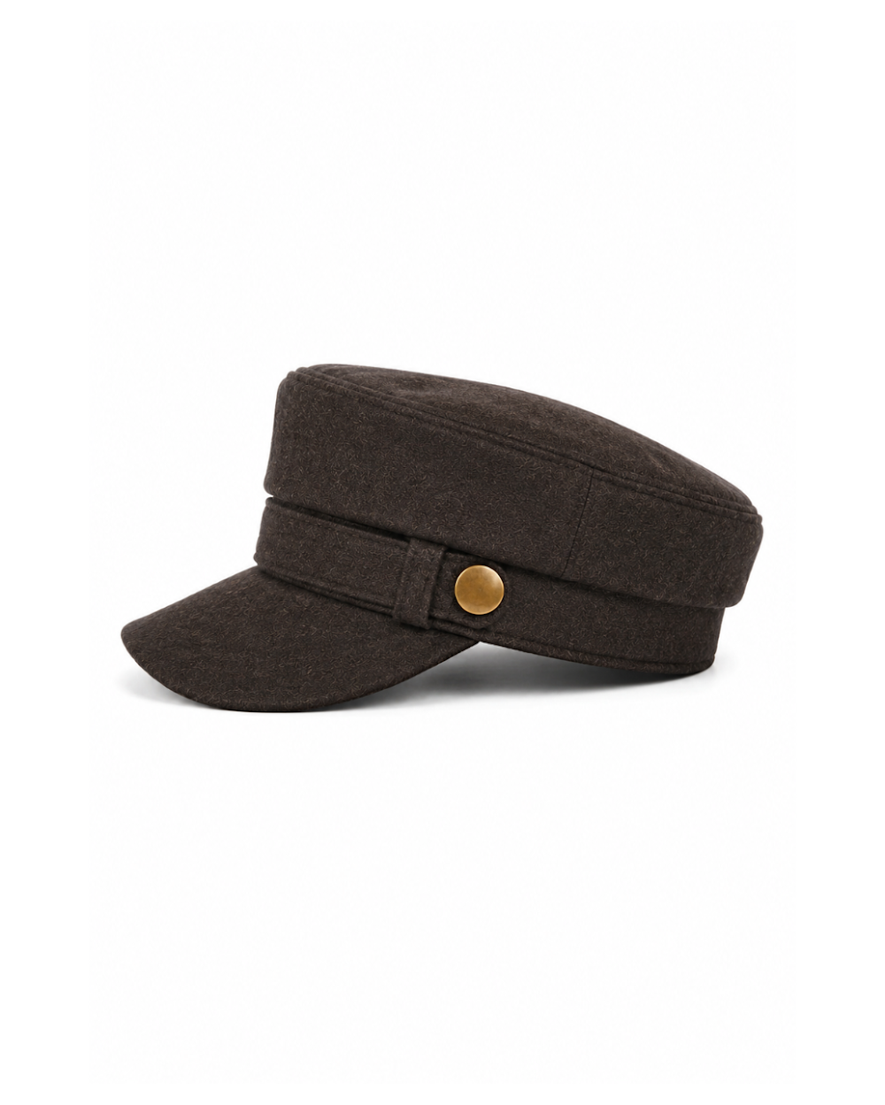 Dark brown wool newsboy cap with 2 inch brim, angled view