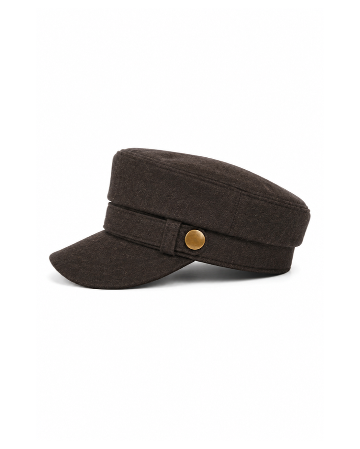 Dark brown wool newsboy cap with 2 inch brim, angled view