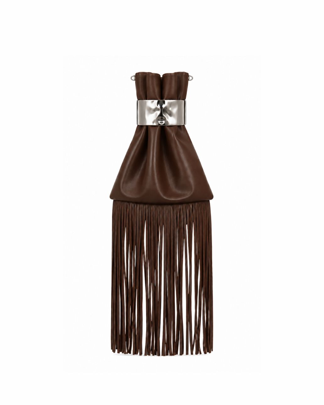 Last Call Fringe Bag in brown vegan leather with silver-toned cuff clasp and long fringe