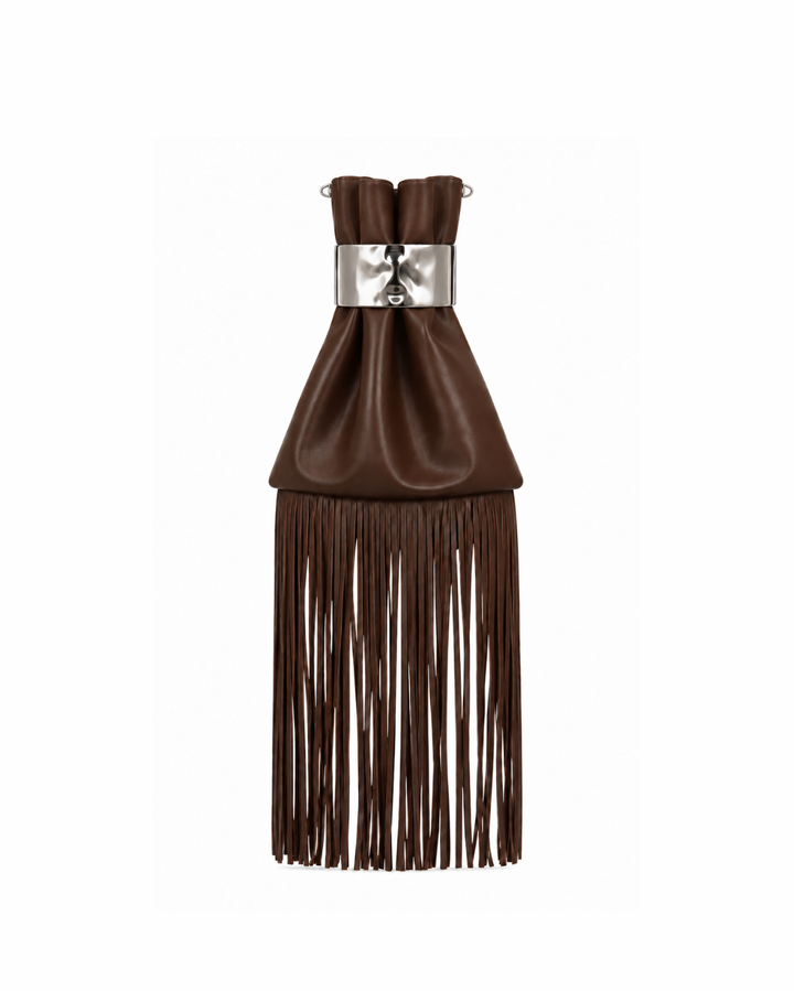 Last Call Fringe Bag in brown vegan leather with silver-toned cuff clasp and long fringe