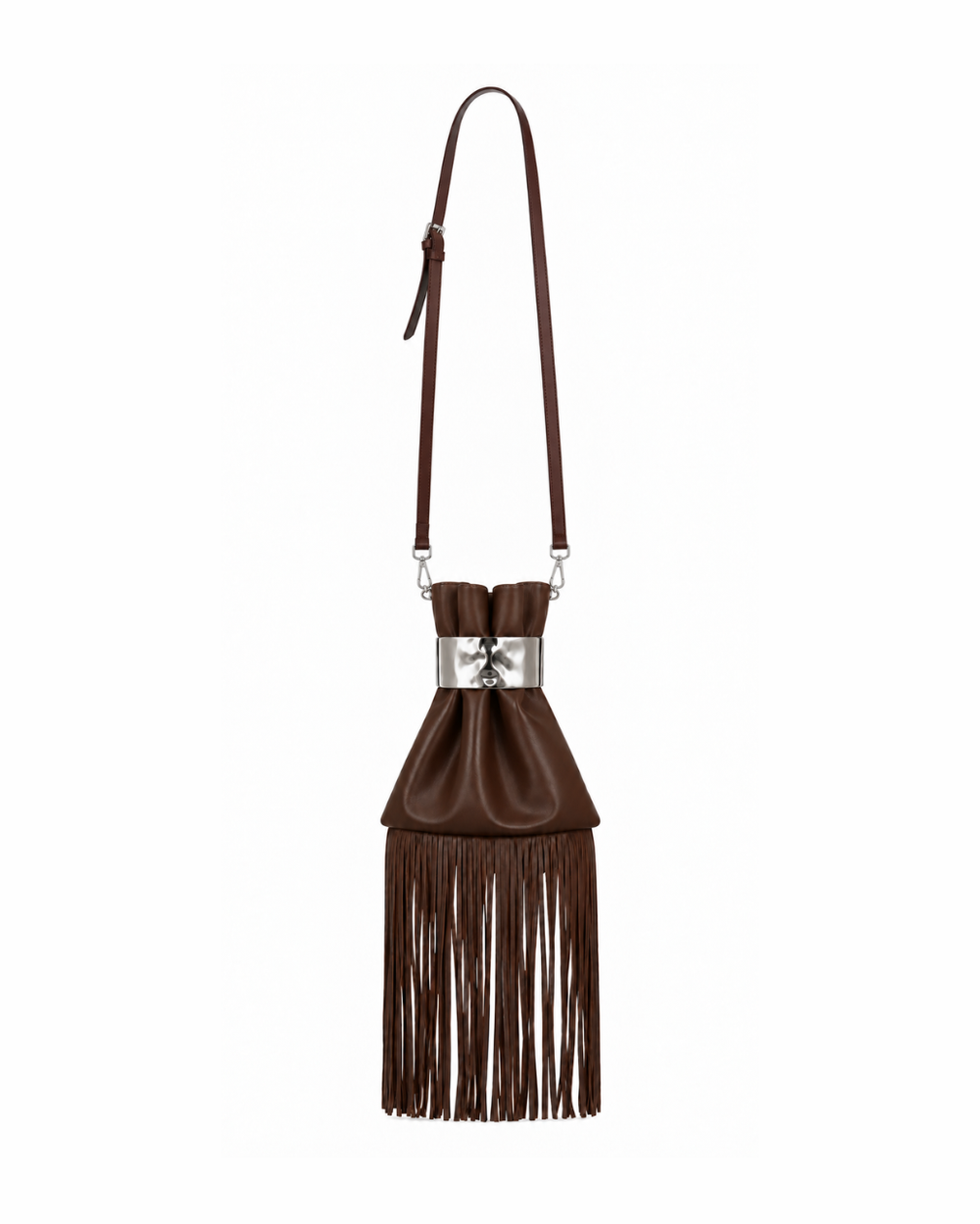 Last Call Fringe Bag in brown vegan leather shown with shoulder strap