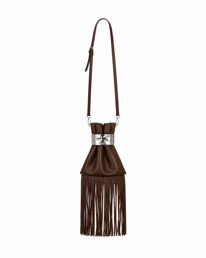 Last Call Fringe Bag in brown vegan leather shown with shoulder strap