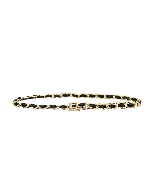 Leather Chain Belt in Gold – metal chain belt woven with faux leather