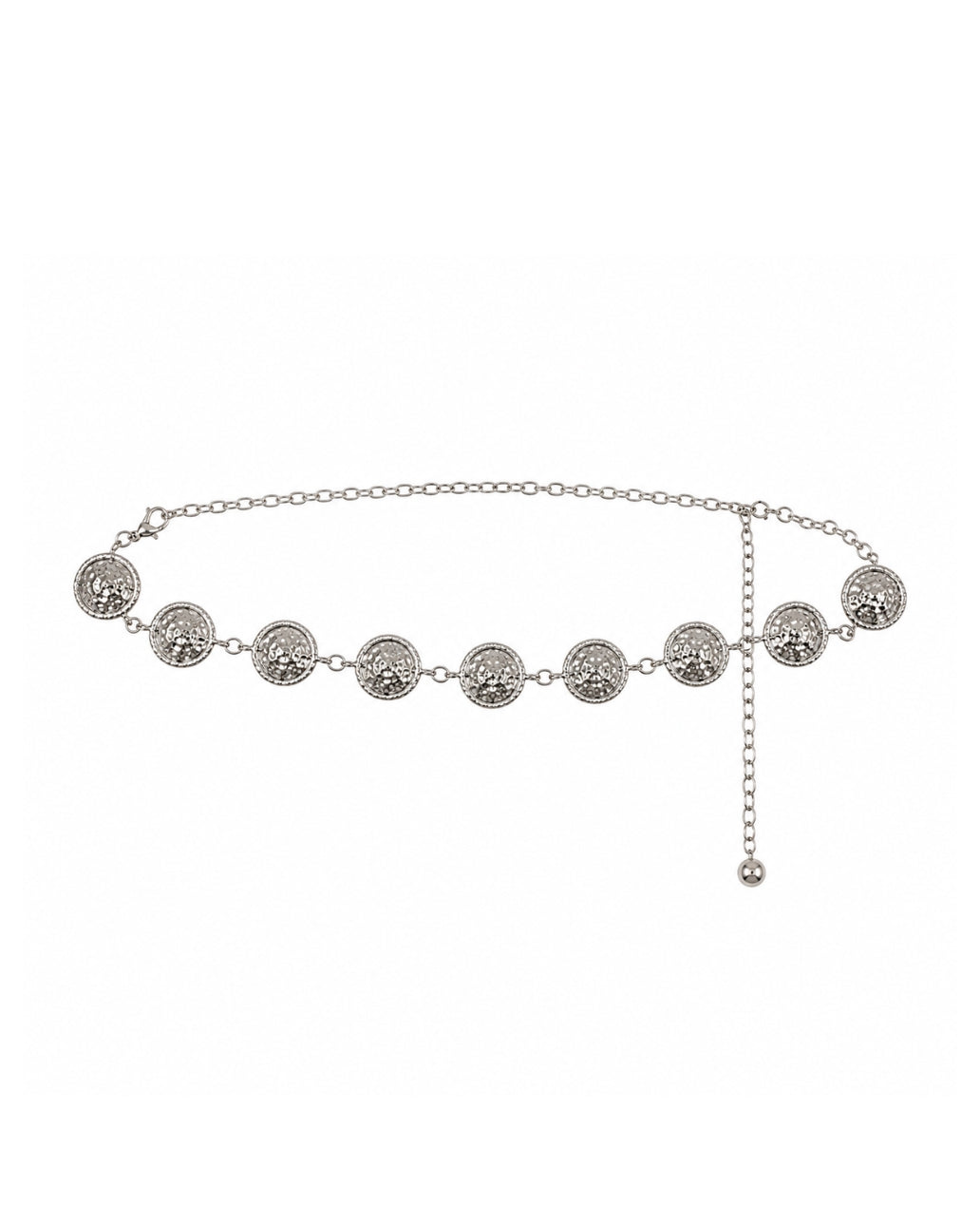 Monaco silver rhodium-plated chain belt with hammered metal discs
