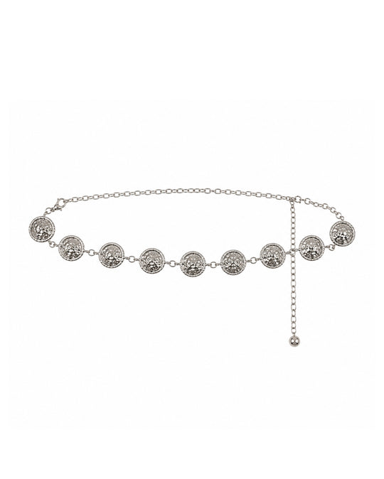 Monaco silver rhodium-plated chain belt with hammered metal discs