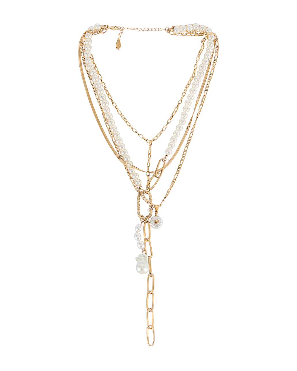 Pearl Lariat Necklace – layered gold chains and faux pearl strands with lariat drop