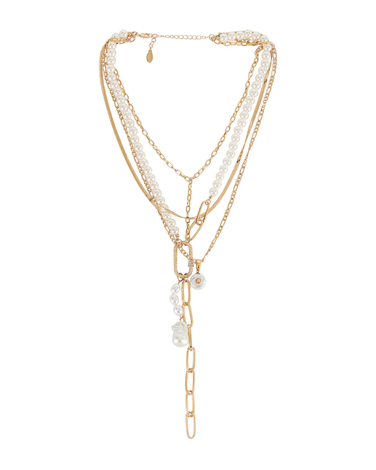 Pearl Lariat Necklace – layered gold chains and faux pearl strands with lariat drop
