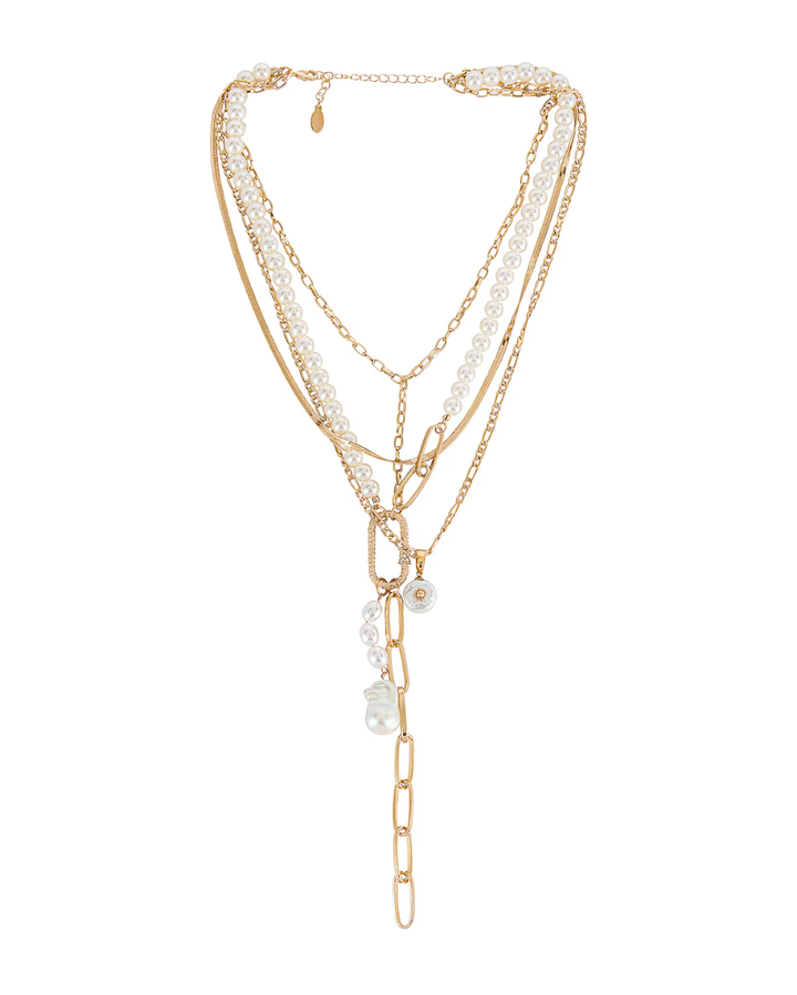 Pearl Lariat Necklace – layered gold chains and faux pearl strands with lariat drop