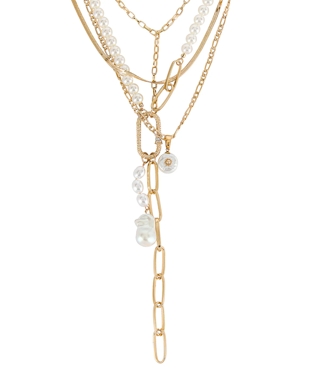 Pearl Lariat Necklace close-up of faux pearl charms and paperclip chain drop