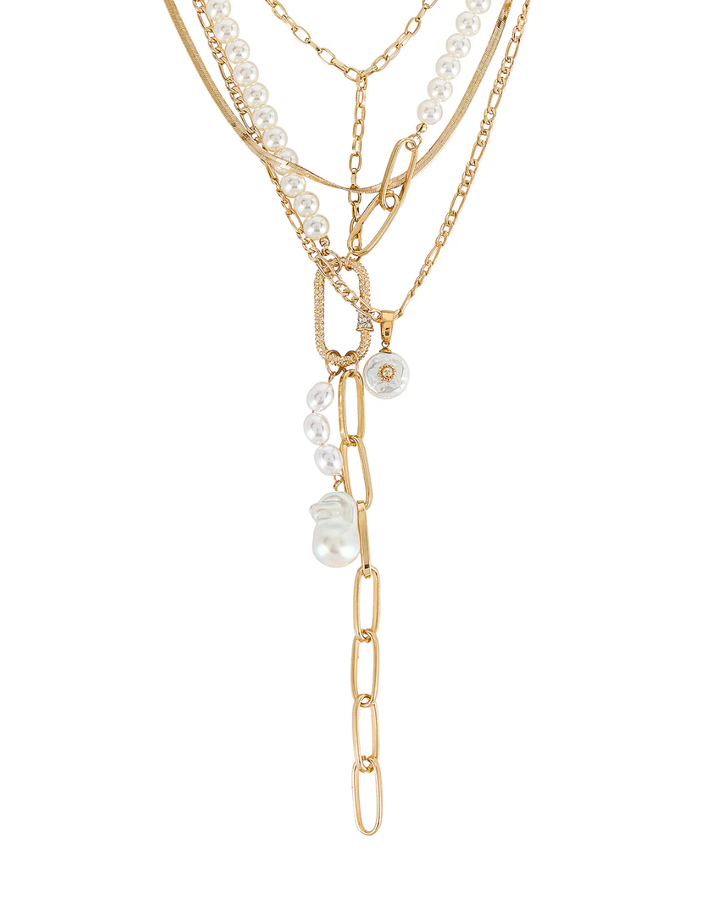 Pearl Lariat Necklace close-up of faux pearl charms and paperclip chain drop