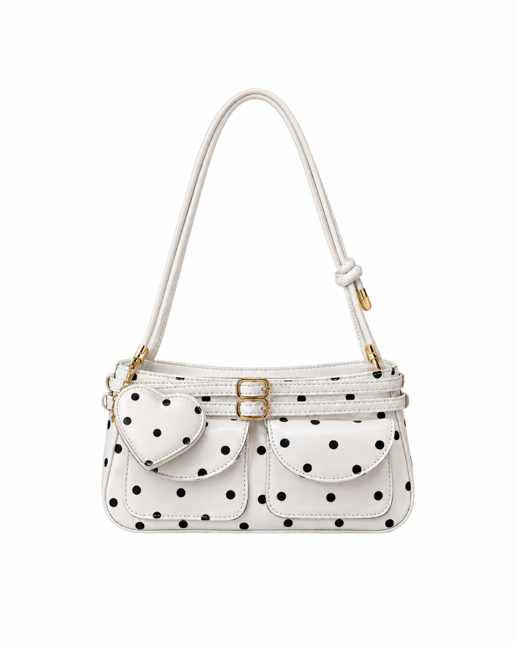Poppy Polka Dot Bag, white vegan leather shoulder bag with black dots, buckle pockets and heart-shaped pouch