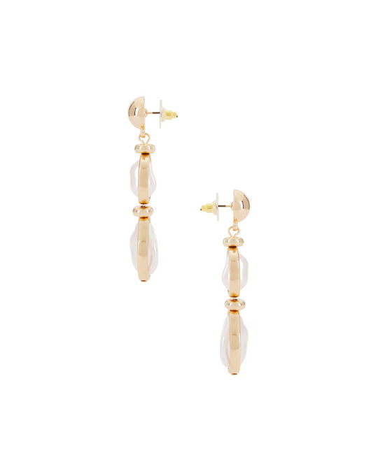 Gold baroque pearl dangle earrings, detail view