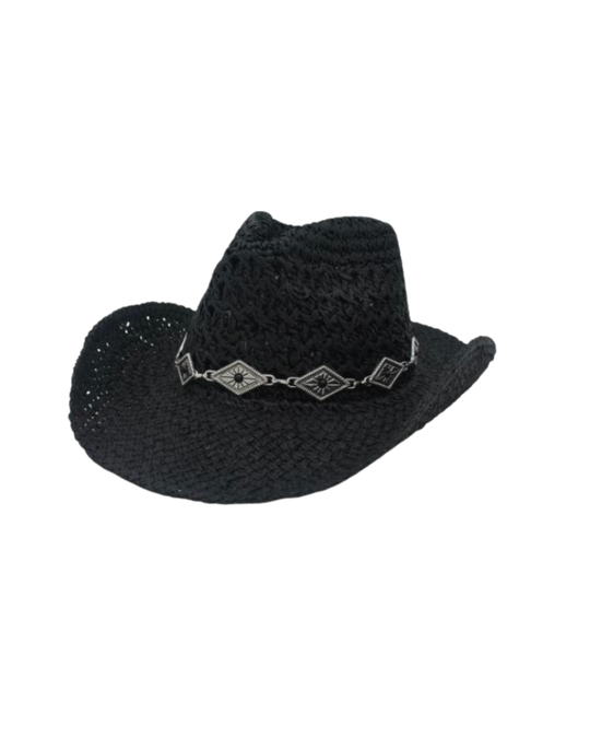 Outlaw Cowboy Hat – woven raffia cowboy hat with silver-tone band