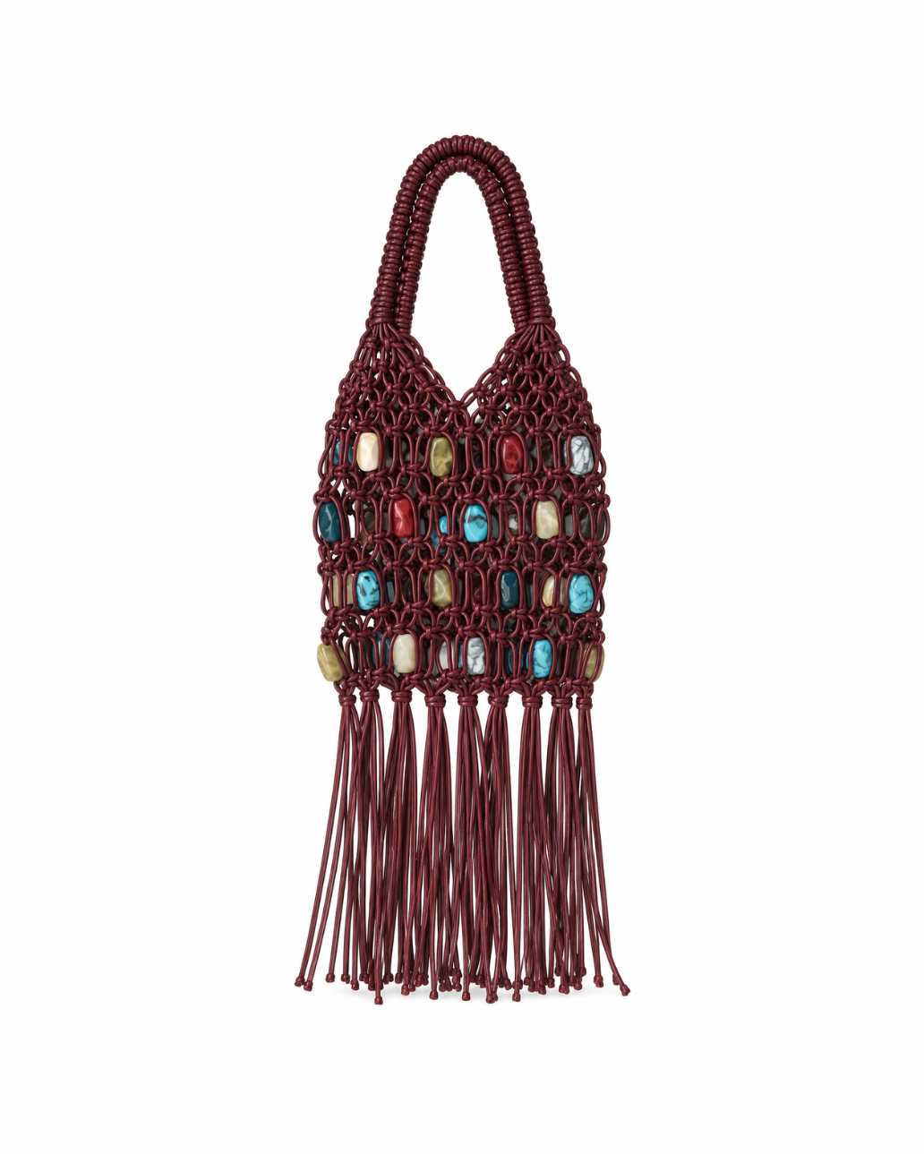 Rio Fringe Bag in Multi Burgundy, burgundy knotted bag with multicolor beads and fringe hem